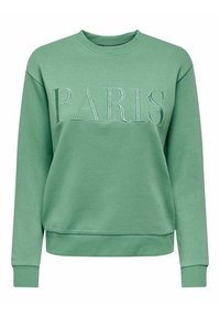 Sudadera verde con puños y dobladillo acanalados. Presenta "PARÍS" de forma prominente en letras texturizadas en la parte frontal. Textura de tela suave.