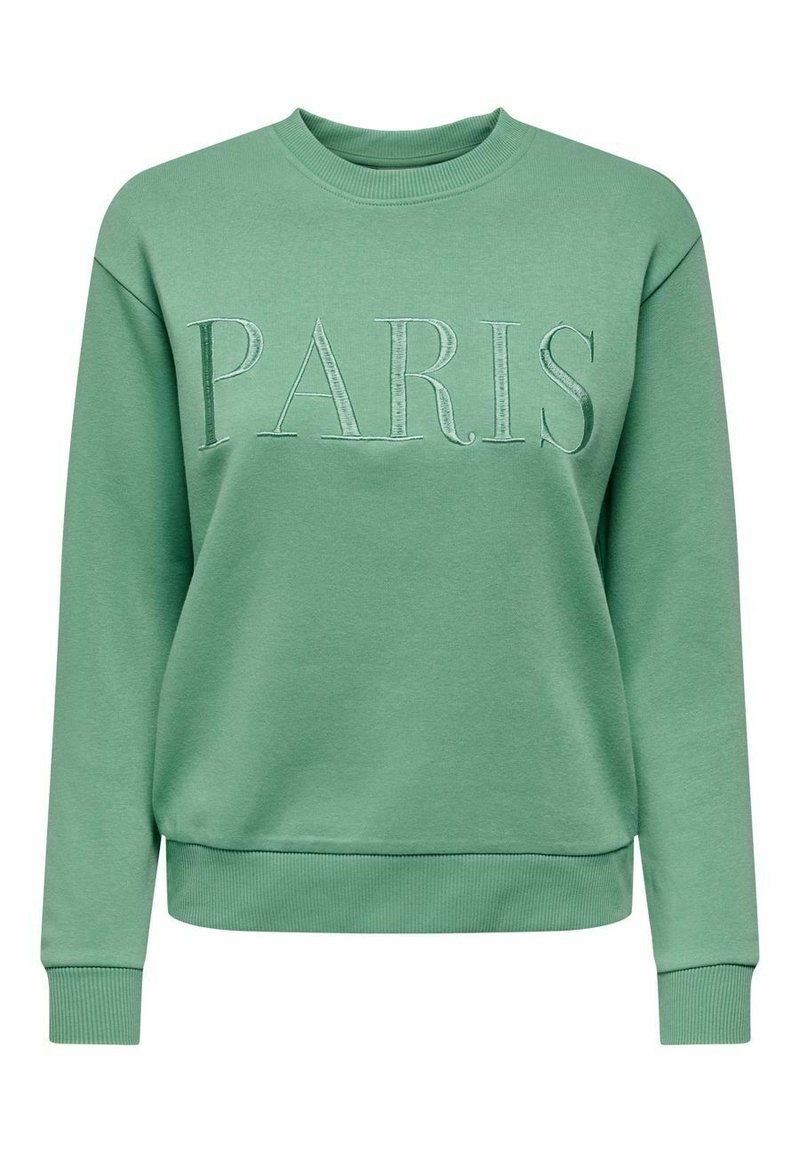 Sudadera verde con puños y dobladillo acanalados. Presenta "PARÍS" de forma prominente en letras texturizadas en la parte frontal. Textura de tela suave.