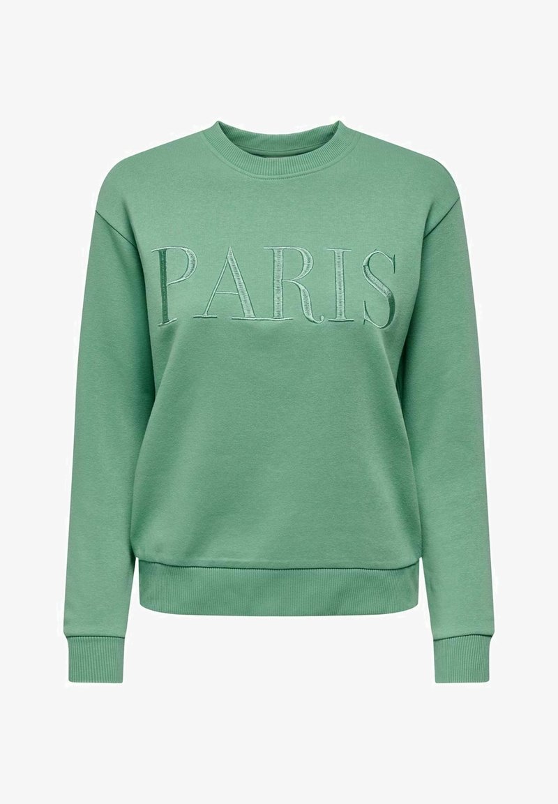 Sudadera verde con puños y dobladillo acanalados. Presenta "PARÍS" de forma prominente en letras texturizadas en la parte frontal. Textura de tela suave.