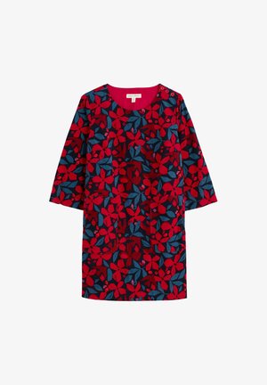 Kvetinové šaty s červenými a modrými kvetmi na tmavom pozadí. Majú okrúhly výstrih, trojštvrťové rukávy a dekoratívne gombíky.