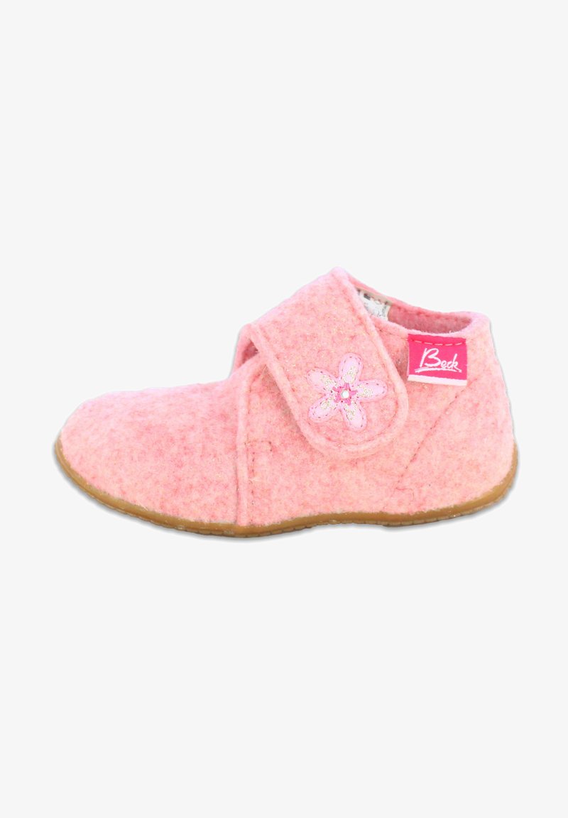 Pinkfarbene Filzslipper mit Klettverschluss, versehen mit einer Blumenstickerei an der Seite und einer flexiblen Gummisohle.