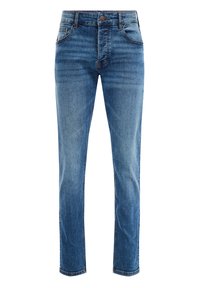 Zilas džinsu bikses ar taisnu kāju dizainu, priekšējām un aizmugurējām kabatām, kā arī kontrastējošiem vīlējuma akcentiem. Audums ir gluds.