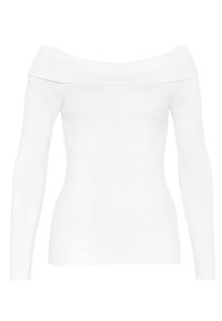 Haut blanc en maille à épaules dénudées avec manches longues, texture côtelée et silhouette ajustée. Design épuré sans ornements.