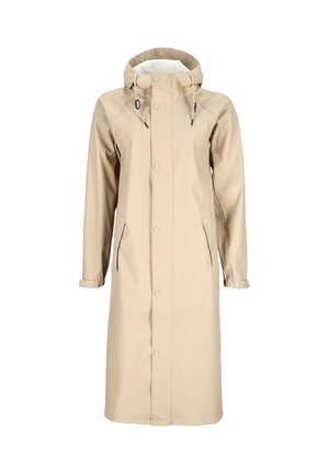 Imperméable beige avec une capuche, fermetures à pression, poches latérales et poignets ajustables. Fabriqué dans un matériau lisse et résistant à l'eau.