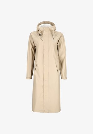 Imperméable beige avec une capuche, fermetures à pression, poches latérales et poignets ajustables. Fabriqué dans un matériau lisse et résistant à l'eau.
