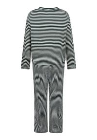 Langærmede gestreepte pyjama set in donkergroen en wit, met een relaxte pasvorm top en bijpassende broek, gemaakt van zachte stof met een gladde textuur.