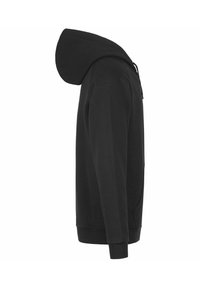 Felpa nera realizzata in tessuto misto cotone, con tasca a marsupio, polsini e orlo ribattuti, e cappuccio con cordino. Mostrata in vista laterale.