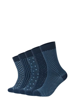 Set of five blue men's socks featuring varied geometric patterns, including dots and diamonds, with ribbed cuffs and a soft texture.