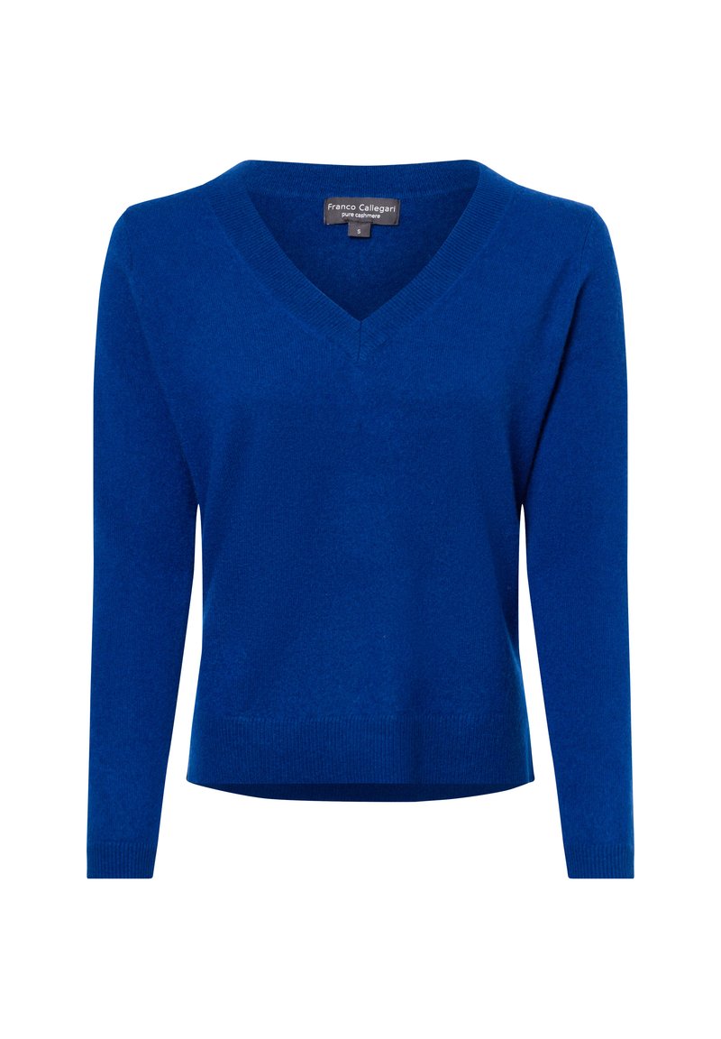 Blauer Wollpullover mit langen Ärmeln, V-Ausschnitt und gerippten Bündchen. Glatte Textur mit figurbetontem Schnitt, gekennzeichnet mit Franco Callegari.