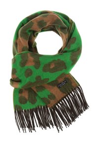 Šal u uzorku leopard s zelenim i smeškim tonovima izrađen od mekog materijala, s resicama i oznakom brenda s jedne strane.