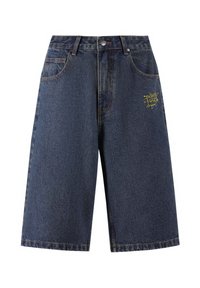 Denim shorts in dark blue, featuring a loose fit, five pockets, golden embroidery text on the front, and contrast stitching along the seams.