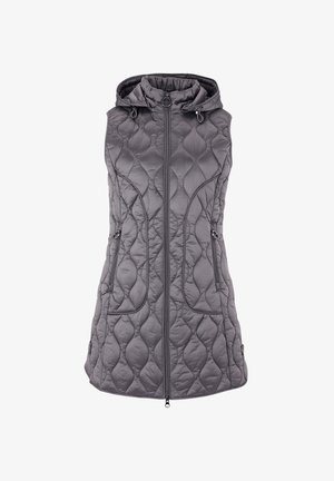 Gequiltede grijze mouwloze vest met capuchon, met een ritssluiting aan de voorkant en twee zijzakken, gemaakt van glad, lichtgewicht stof.