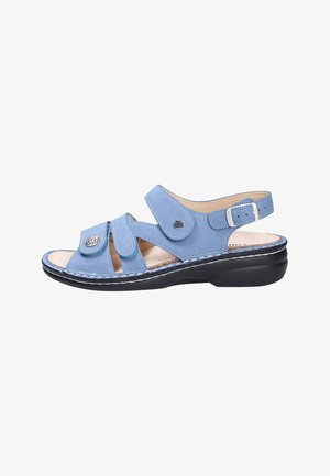 Blue leather open-toe sandal with three adjustable Velcro straps, a cushioned insole, and a black sole with moderate heel.