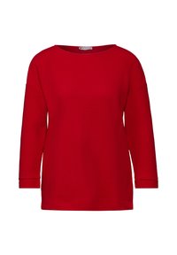 Felpa rossa a maniche lunghe con scollatura ampia, caratterizzata da un motivo a coste texturizzato e una vestibilità rilassata.