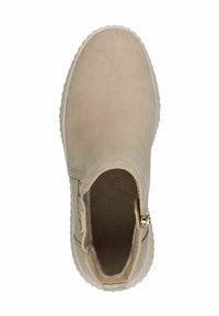 Beige potītes zābaki, kas izgatavoti no gludas zamšādas, ar noapaļotu purngalu, elastīgām sānu paneļiem un ārējo rāvējslēdzēju ar zelta aksesuāriem.