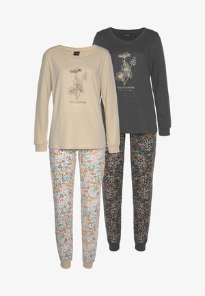Two sets of long-sleeve pajama tops: one beige with wildflower print, the other dark gray. Both feature floral-patterned elastic pants.