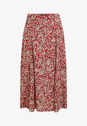 Czerwona spódnica w kremowy kwiatowy wzór, z plisowanym krojem i gładką teksturą. Talia jest elastyczna dla wygody.