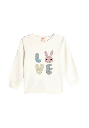 Biała bluza z długim rękawem z napisem "LOVE" w kolorowych, teksturowanych literach oraz grafiką królika. Rękawy z ribbami.