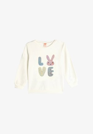 Felpa bianca con la parola "LOVE" in lettere colorate e testurizzate e una grafica di coniglio. Maniche lunghe con polsini a coste.