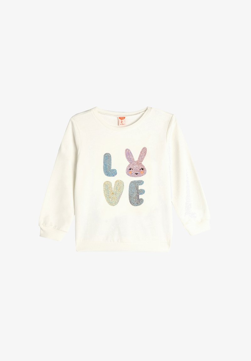 Felpa bianca con la parola "LOVE" in lettere colorate e testurizzate e una grafica di coniglio. Maniche lunghe con polsini a coste.