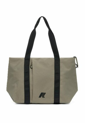 Borsa tote beige con manici verticali neri e piccolo logo nero al centro frontale, forma rettangolare con base strutturata.