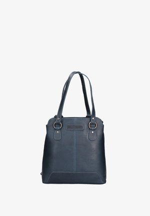 Borsa tote in pelle blu scuro con due manici a spalla, anelli metallici che collegano i manici ed etichetta del marchio cucita sul davanti.