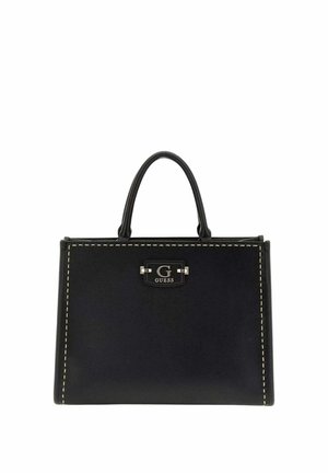 Sac à main structuré noir avec coutures blanches, anse unique et plaque logo argentée "G Guess" au centre devant.