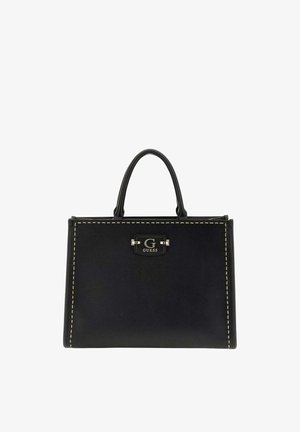 Borsa strutturata nera con cuciture bianche, manico singolo e targhetta con logo "G Guess" in argento al centro davanti.