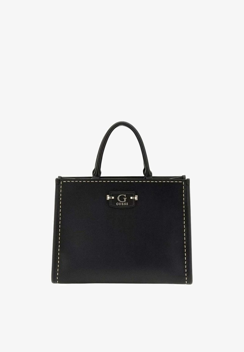 Sac à main structuré noir avec coutures blanches, anse unique et plaque logo argentée "G Guess" au centre devant.