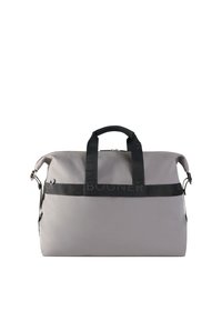 Gray duffel bag with black branding, featuring dual carry handles and a removable shoulder strap. Smooth, durable material with a rectangular shape.