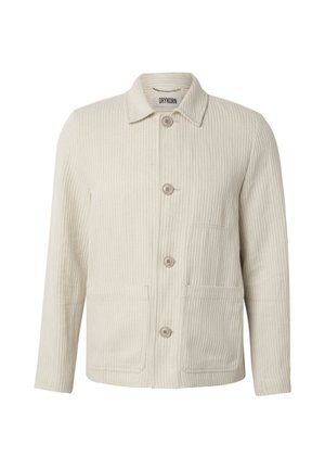 Giacca beige in velluto a coste con colletto, quattro bottoni, due tasche frontali e etichetta del marchio "Drykorn" all'interno del colletto.