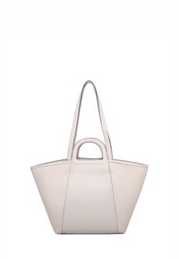 Borsa tote beige con doppi manici superiori, forma strutturata, materiale testurizzato e cuciture a contrasto lungo i bordi.
