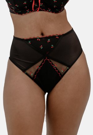 Black high-waist lingerie with cherry embroidery and red scalloped trim, featuring sheer mesh panels on hips and tummy.