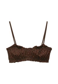 Brown bralette top with gathered fabric and thin straps, featuring orange polka dots and a ruffled edge along the top and bottom.