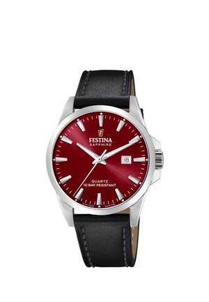 Zegarek na rękę Festina z czerwoną tarczą, srebrnymi indeksami, datownikiem, czarnym skórzanym paskiem i mechanizmem kwarcowym, wodoszczelny do 10 bar.