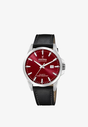 Zegarek na rękę Festina z czerwoną tarczą, srebrnymi indeksami, datownikiem, czarnym skórzanym paskiem i mechanizmem kwarcowym, wodoszczelny do 10 bar.
