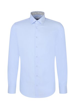 Camicia a maniche lunghe azzurro chiaro con colletto interno a motivo, chiusura a bottoni e texture liscia. Presenta un colletto classico e polsini con bottone.