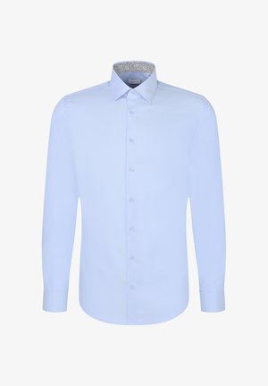 Camicia a maniche lunghe azzurro chiaro con colletto interno a motivo, chiusura a bottoni e texture liscia. Presenta un colletto classico e polsini con bottone.