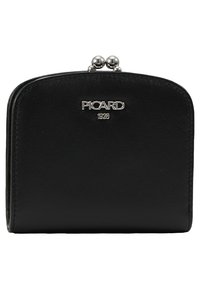 Portefeuille en cuir noir avec un dessus arrondi, logo argent "PICARD 1928", et deux boules de fermeture métalliques en haut. Compact et texture lisse.