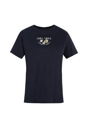 Navyblaues Baumwoll-T-Shirt mit kurzen Ärmeln, versehen mit dem Text "Chill Vibes" und floralen Akzenten über dem Text. Klassisches Rundhalsdesign.