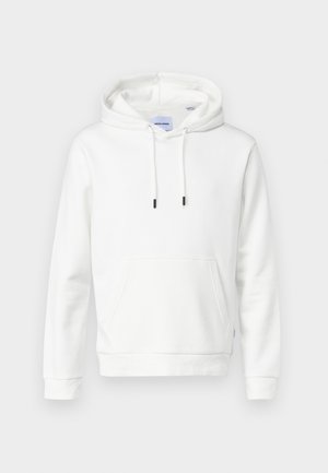 Valge kapuutsiga sweatshirt, mis on valmistatud pehmest puuvillast, millel on eesmine tasku, reguleeritavad nöörid ja soonikkudega mansetid. Lihtne, ühtlane disain koos mugava lõikega.