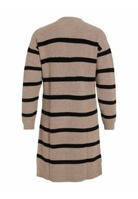 Longue robe-pull beige en maille avec des rayures horizontales noires et des manches longues, vue de dos.