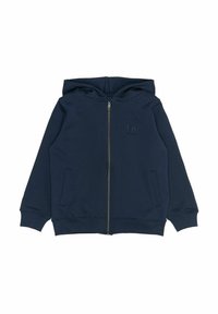Hanorac cu fermoar de culoare bleumarin, realizat dintr-un material moale, având fermoar frontal, buzunare laterale și glugă. Logo brodat pe piept.