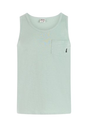 Lichtgroen mouwloos tanktop met een klein borstzakje en een ronde hals, gelabeld als maat medium.