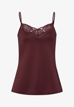 Bordowa koszulka na ramiączkach z koronkowym wykończeniem przy dekolcie, cienkimi regulowanymi ramiączkami oraz miękkim, gładkim materiałem, który delikatnie się układa.