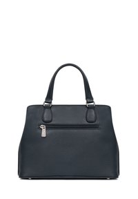 Borsa a tracolla in pelle blu scuro con un design strutturato, manici superiori e una tasca anteriore con zip. Presenta accessori in hardware argentato.