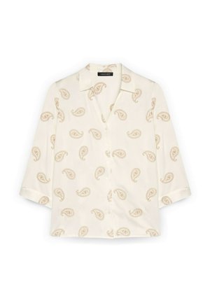 Blusa color crema con motivi paisley beige, chiusura frontale con bottoni, maniche a tre quarti e colletto classico.