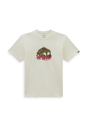 Kremowy t-shirt Vans z okrągłym dekoltem i grafiką zielonego, płonącego zwierzęcia nad różowym napisem Vans z przodu.