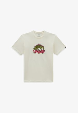 Crèmekleurig Vans T-shirt met ronde hals en afbeelding van een groen, brandend dier boven roze Vans-tekst op de voorkant.