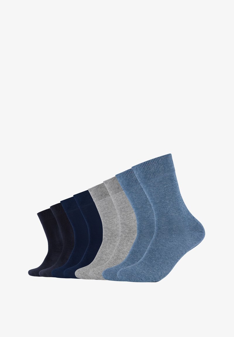 Assorted cotton socks in navy, dark blue, light blue, and grey. Each pair features a ribbed cuff and smooth texture, with varying shades arranged in order.